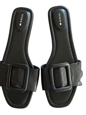 Birdies Black Leather Kiwi Slide Sandals. Size 9